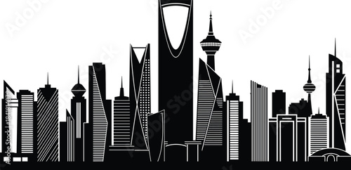 Riyadh skyline silhouette illustration, Saudi Arabia cityscape design, modern skyscraper landmarks, iconic tower buildings, urban architecture graphic, Middle Eastern skyline artwork for city design