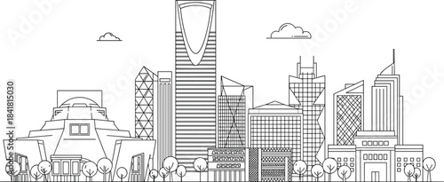 Riyadh city skyline illustration with modern skyscrapers, urban architecture landmarks, Saudi Arabia cityscape line art, contemporary building outlines and detailed metropolitan design elements