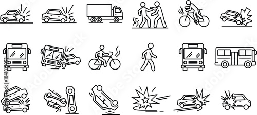 Traffic accident icons set, vehicle collision illustrations, road safety symbols, car crash and bus impact graphics, cyclist and pedestrian danger signs, emergency incident outline designs