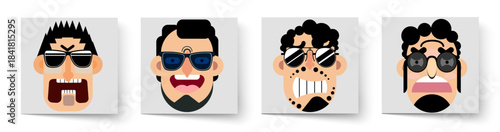 A set of faces expressing unfriendly emotions. Bandits, robbers. Flat design. Avatars. Caricatures. Close-up portraits.