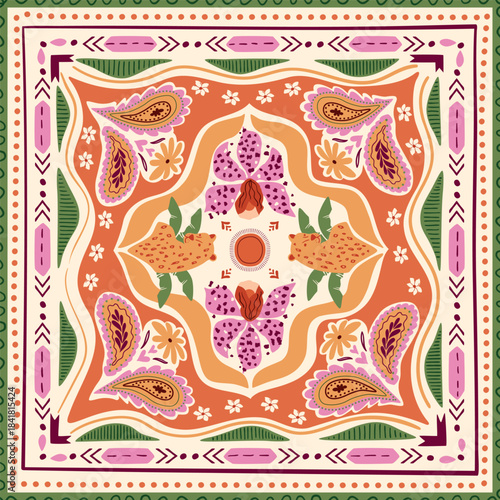 Tropical tile, scarf, square seamless pattern with jungle flowers, leopard, waves, stripes, geometric ornament, ethnic element, summer vacation print. Cute vector background, textile design, wallpaper