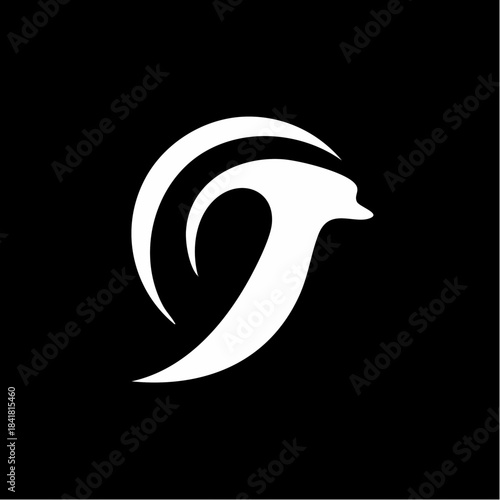 Abstract white stylized bird or swan logo on a black background, featuring elegant curves and a minimalist design.