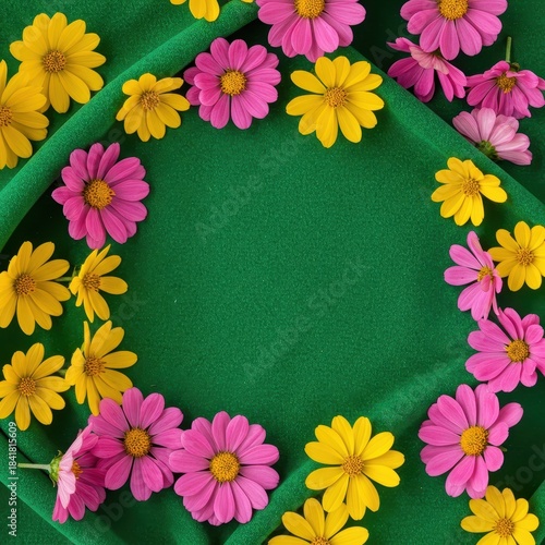 Vibrant pink and sunny yellow blossoms scattered across lush green fabric, creating a cheerful natural background texture with ample room for text or graphics ,pink ,blank ,bloom