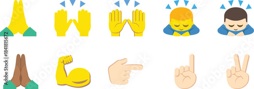 Hand gesture emoji set featuring praying hands, applause, pointing, flexing, and peace signs. Includes diverse skin tones for inclusive visual expression. Perfect for messaging apps, stickers, and mod