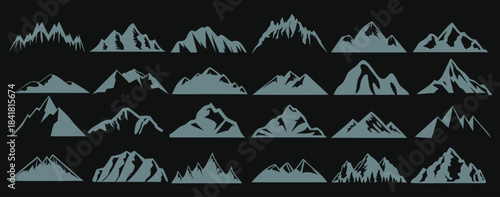 Mountain silhouette set featuring diverse rugged peaks and minimalist landscape shapes. Clean outlines create a modern outdoor aesthetic suitable for logos and nature graphics. Perfect for adventure b