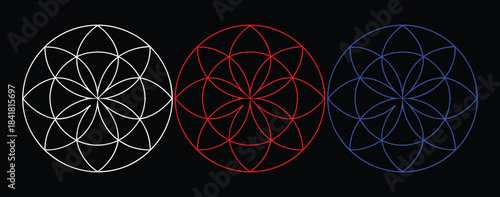 Geometric mandala circle set featuring intricate overlapping line patterns. Includes silver, red, and blue sacred-style designs on a dark background. Ideal for modern decor, meditation art, and 