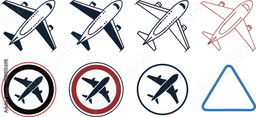  icon set featuring solid, outline, and red-line aircraft graphics. Includes aviation warning signs and circular no-flight symbols for versatile design use. Perfect for travel, navigation, and