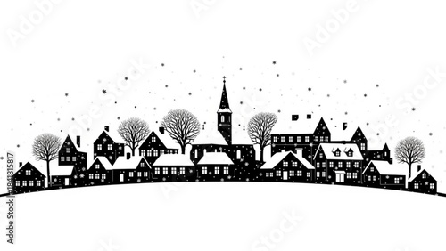 Black and white illustration of a snowy village town with church and houses