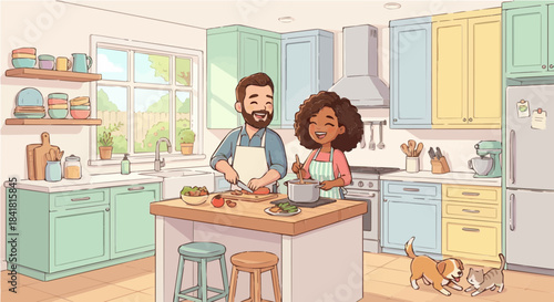 A happy couple cooking together in a bright, colorful kitchen with two small dogs playing on the floor, depicted in a charming cartoon style.