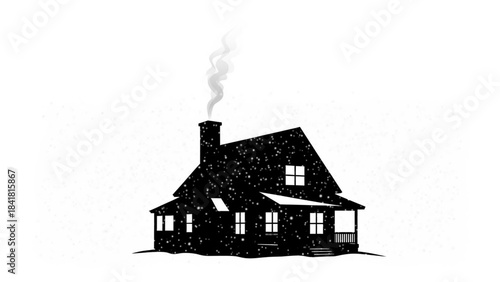 Black silhouette of a house with smoke coming out of the chimney on a snowy night