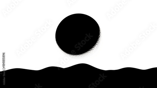 Silhouette of a black sun setting over hills with a dreamy landscape