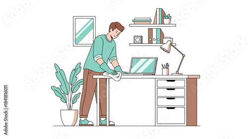 Person cleaning workspace, illustrated office scene with desk, laptop and cleaning supplies