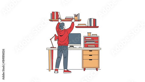 Person organizing books, desk setup illustration with modern flat design and minimalism