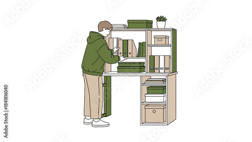 Person organizing documents on desk with some boxes and a small plant, in minimalistic style