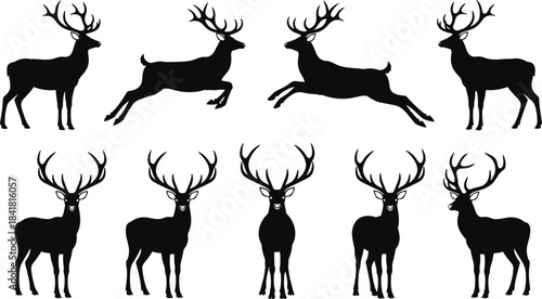 Vector Black Silhouette Set of Red Deer Stags with Large Antlers in Standing and Jumping Poses for Hunting, Nature, Wildlife, and Christmas Concepts.