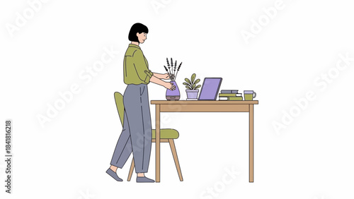 Woman arranging flowers on a desk with laptop and books, lifestyle illustration