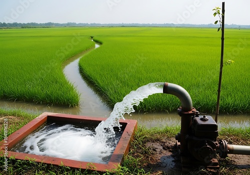 Water pump irrigating a lush green rice field with a narrow stream flowing through