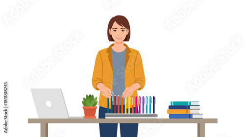 Woman arranging pens on a table, next to a laptop and books, vector illustration