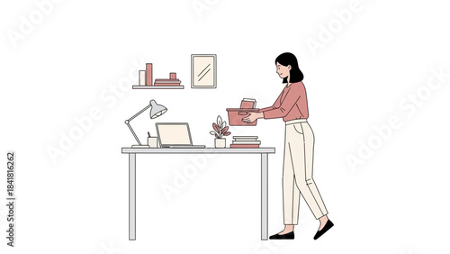 Woman arranging the office supplies on the desk in a minimalist illustration