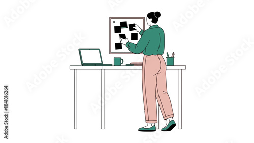 Woman arranging sticky notes on a board in office, vector illustration, flat design
