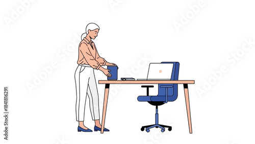 Woman at desk organizing items working from home in an office setup with laptop