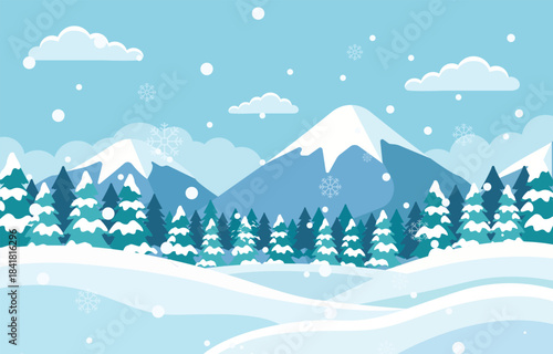 Winter Mountain Landscape Vector Background with Blue Sky