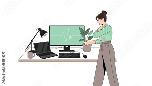 Woman at desk with computer and plant, taking a break from work to relax and water