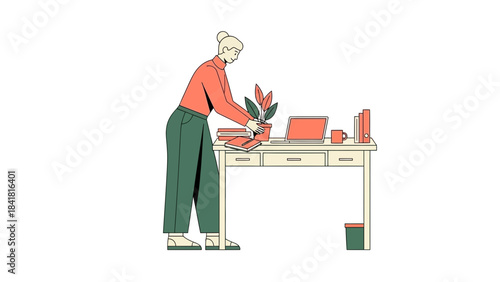 Woman Decorating Desk with Plant in Minimalist Illustration Style for Work From Home