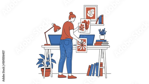 Woman Decorating Her Home Office with Artwork and a Clean Modern Aesthetic