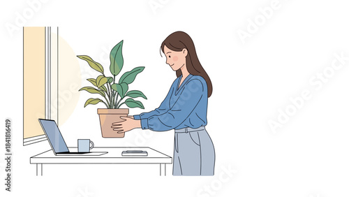 Woman Holding Potted Plant in Office Near Laptop, Illustrating Home Office Lifestyle