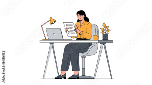 Woman office worker taking notes at her desk and looking at a checklist on a paper