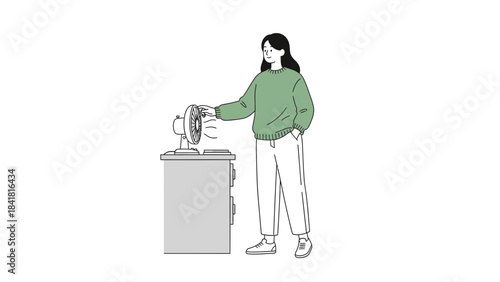 Woman Interacting with a Fan: A Minimalist Illustration Depicting Cooling and Comfort