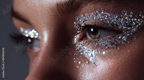 Stunning close up of glamorous eye makeup featuring vibrant iridescent glitter highlighting dramatic eyelashes and flawless skin texture