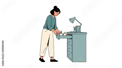 Woman Opening Desk Drawer with Office Supplies Artwork Illustration Isolated On White Background