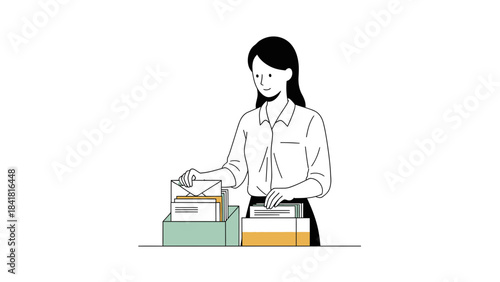 Woman Organising Documents in Boxes, Vector Illustration, Simple Style, Minimal Design