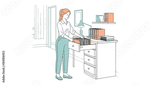 Woman Organizes Documents in Office Desk Drawer Illustrating Office Management