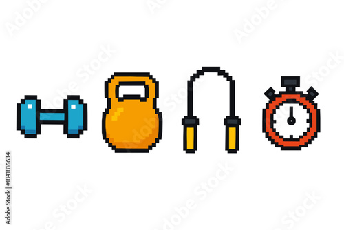 Pixel art fitness equipment: dumbbell, kettlebell, jump rope, stopwatch