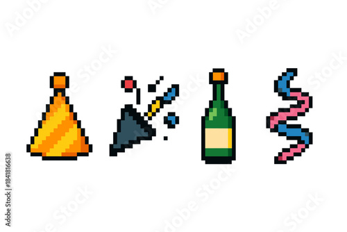 Pixel art party icons with party hat, confetti, champagne bottle, and streamers
