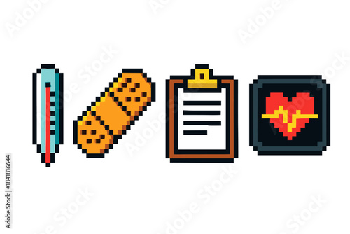 Pixel art medical icons: thermometer, bandage, clipboard, heart monitor