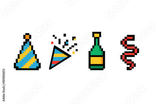 Pixel art party icons: hat, confetti, bottle, streamer on white background