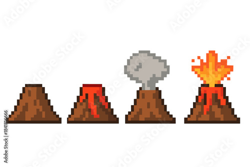 Pixel art volcano eruption stages with lava and smoke