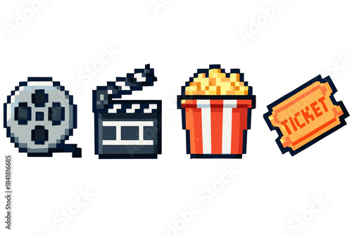 Pixel art movie icons: film reel, clapperboard, popcorn, ticket