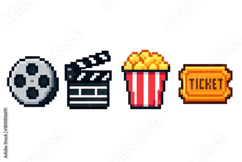 Pixel art cinema icons: film reel, clapperboard, popcorn, ticket