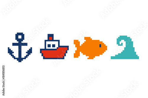 Pixel art nautical set: anchor, ship, fish, wave in vibrant colors