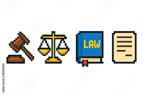 Pixel art legal symbols: gavel, scales, law book, document