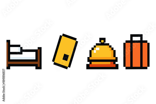 Pixel art hotel symbols including bed bell keycard and luggage