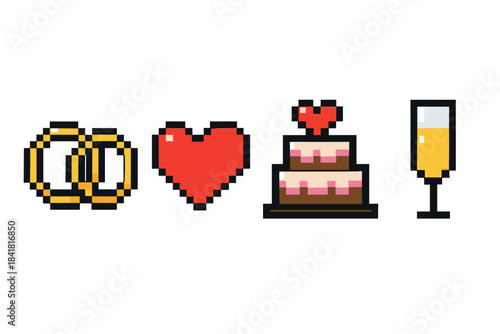 Pixel art celebration: wedding rings, heart, cake, and champagne glass