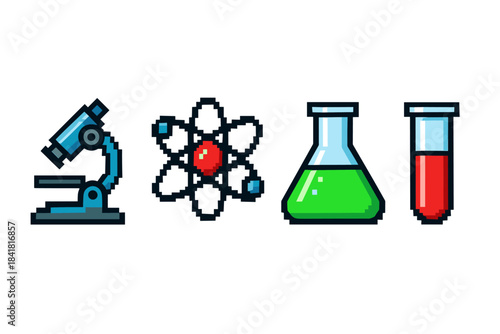 Pixel art science icons: microscope atom beaker test tube
