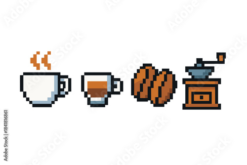 Pixel art coffee set: cup, mug, beans, grinder icons