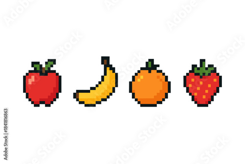 Pixel art fruit: apple, banana, orange, strawberry on white background